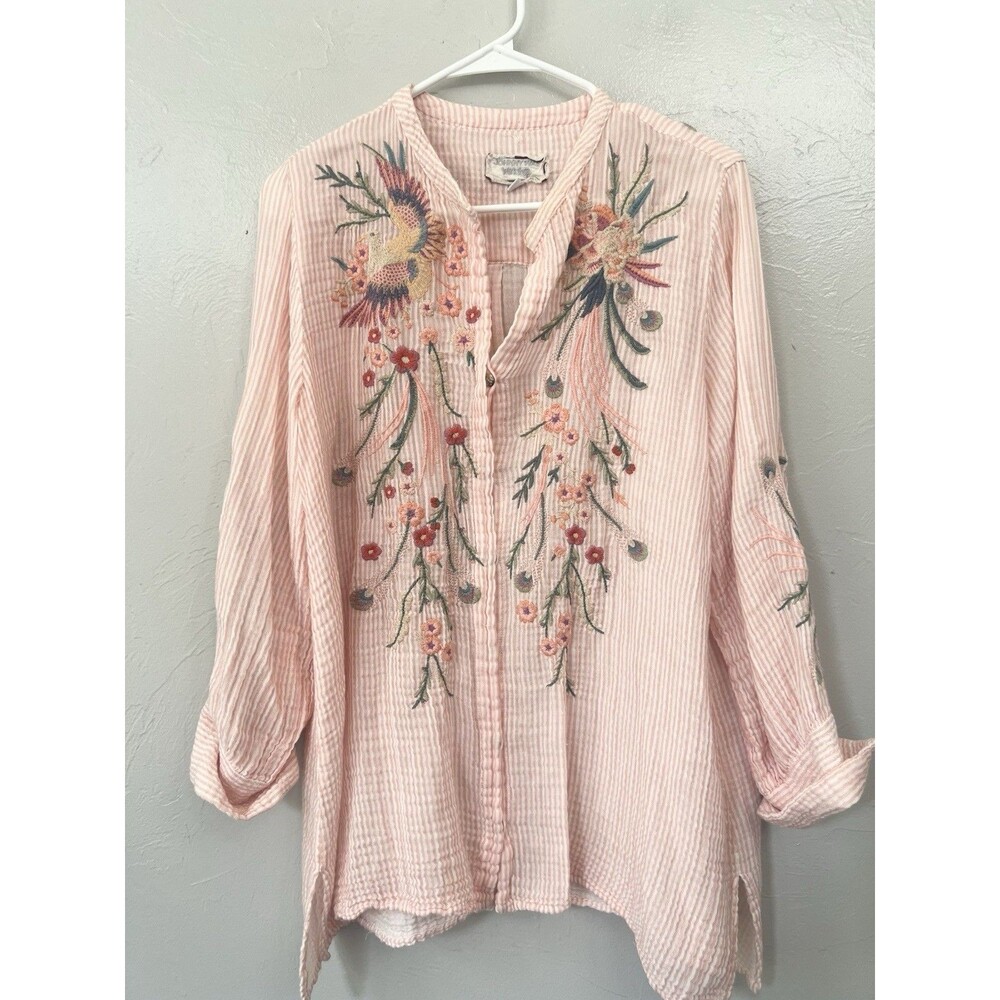 Johnny Was Karen Voyager Top M Embroidered Birds Floral Pink Stripe Tunic
